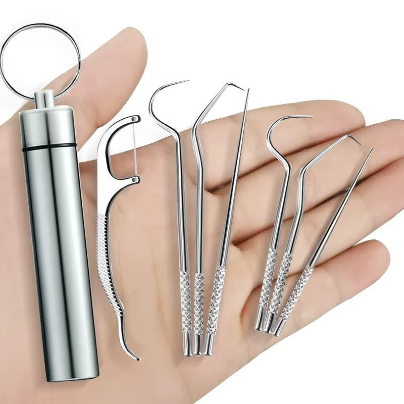 Stainless Steel Metal Toothpick Set Portable Household Portable Dental Hook Needle Cleaning Tool for Removing Teeth and Stones