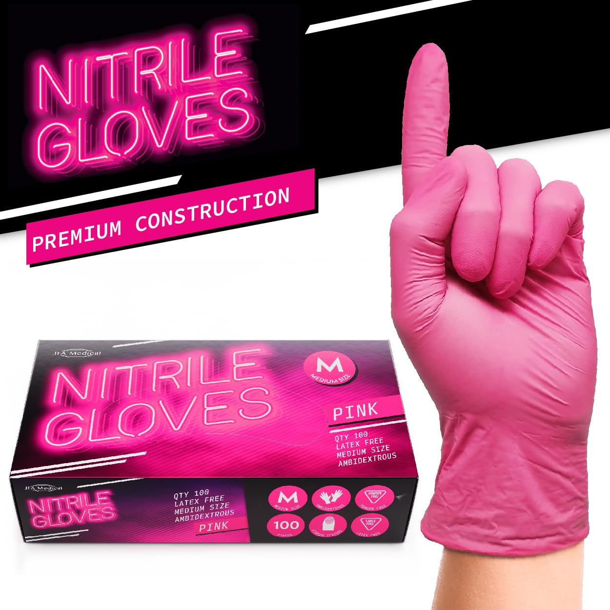 Medium Size Disposable Powder Free Pink Nitrile Gloves - Box of 100