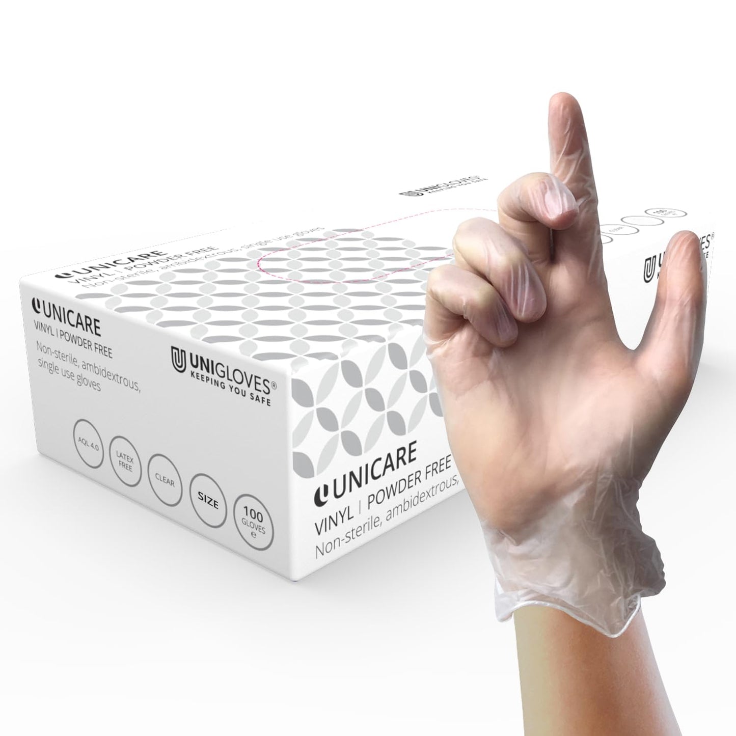 Unicare Clear Vinyl GS0063-A Examination - Multipurpose, Powder Free and Latex Free Disposable Gloves, Box of 100 Gloves, Clear, Medium