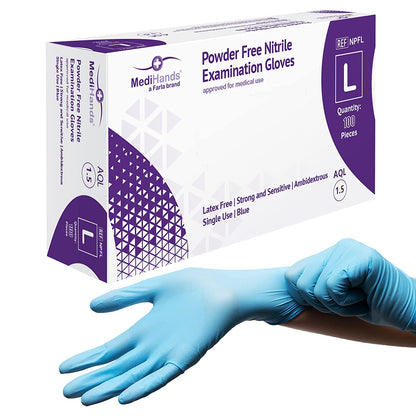 Medihands Nitrile Gloves Large, Blue Heavy Duty Disposable Gloves, Powder Free, Latex Free, and Protein Free, Medical, Food, Multi Use, Pack of 100