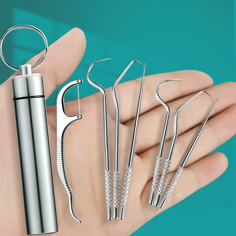 Stainless Steel Metal Toothpick Set Portable Household Portable Dental Hook Needle Cleaning Tool for Removing Teeth and Stones