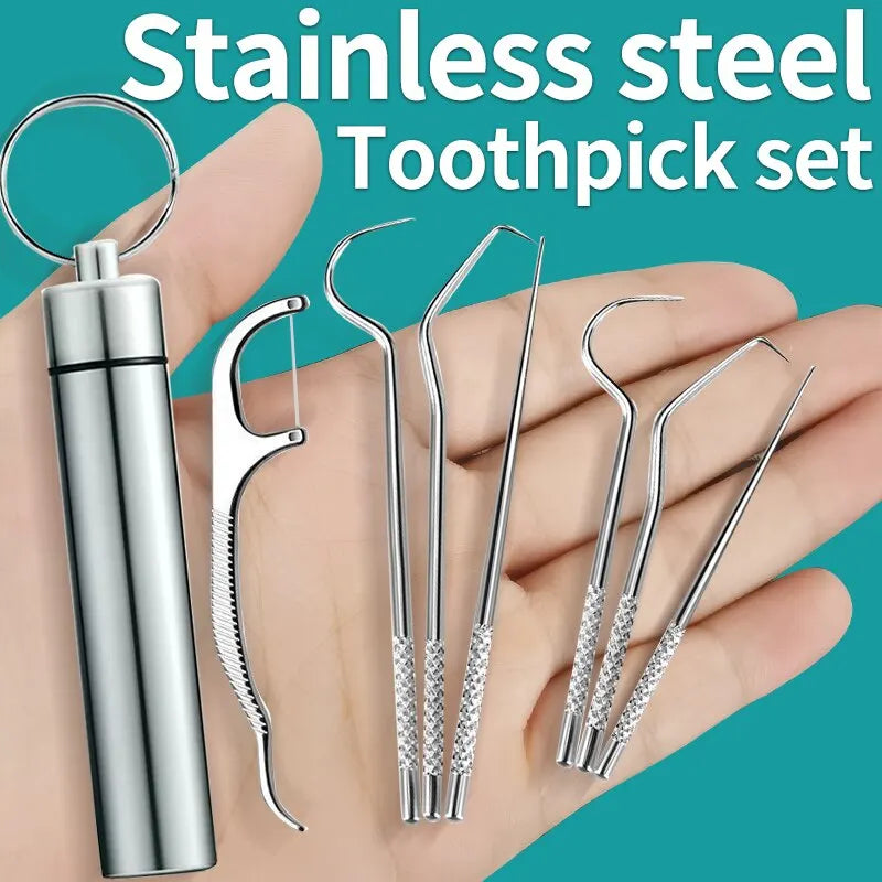 Stainless Steel Metal Toothpick Set Portable Household Portable Dental Hook Needle Cleaning Tool for Removing Teeth and Stones