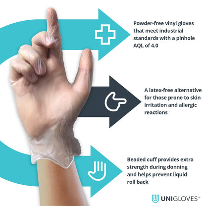 Unicare Clear Vinyl GS0063-A Examination - Multipurpose, Powder Free and Latex Free Disposable Gloves, Box of 100 Gloves, Clear, Medium